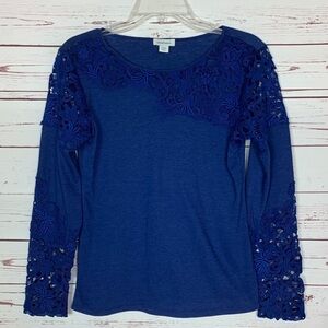 Sundance Royal Blue Floral Cut Out Lace Long Sleeve Top